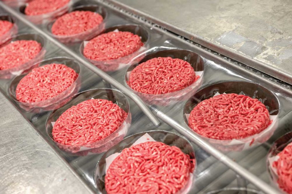Ground beef formed into hamburger patties