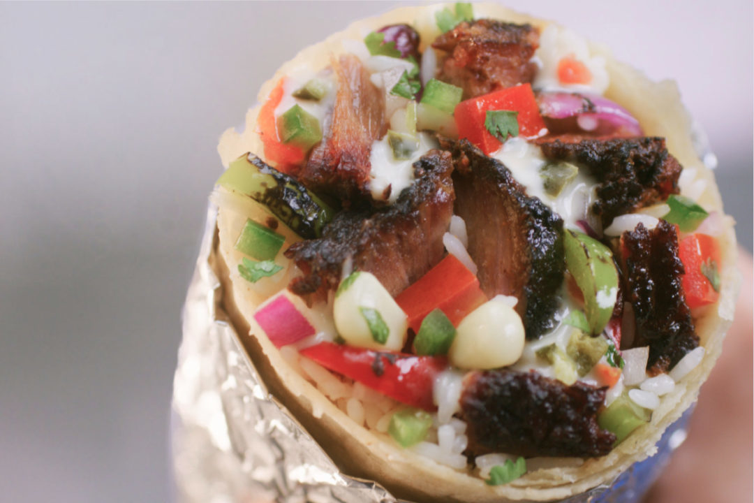 A Chipotle Mexican Grill burrito containing brisket pieces