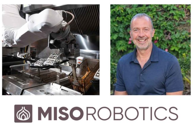 Flippy 2 robotic arm and head shot of Mike Bell, Miso Robotics