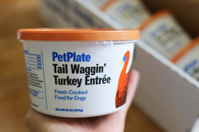 Hand holding a container of Pet Plate brand Tail Waggin Turkey Entree