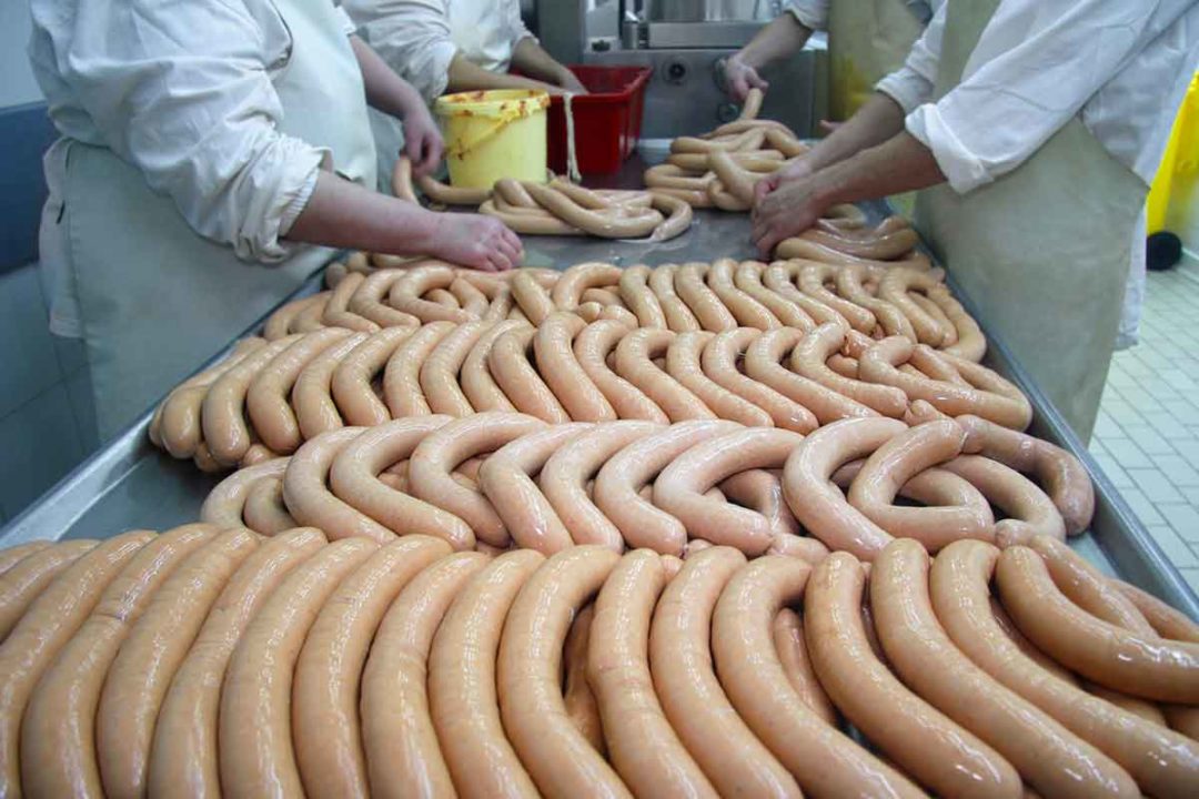 Workers arranging raw sausage links on conveyor.