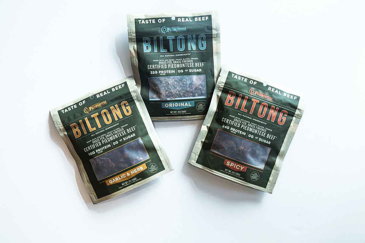 Three packages of Certified Piedmontese biltong meat snacks