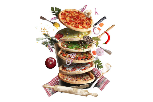Different types of pizza in a stack