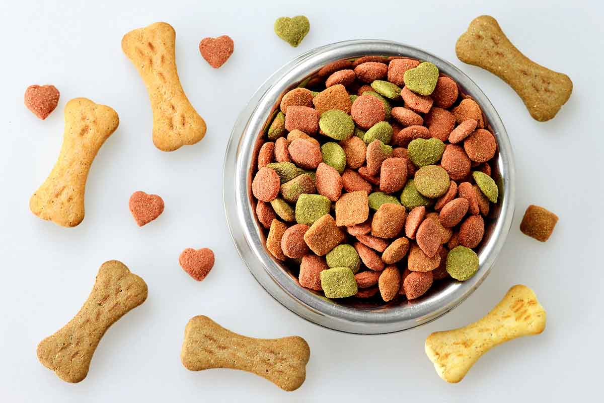 A bowl of dry pet food kibble surrounded by pet treats shaped like doggie bones