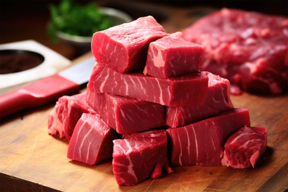 Halal beef cuts on butcher block