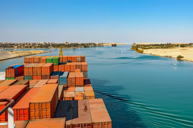 Shipping container through the Suez Canal