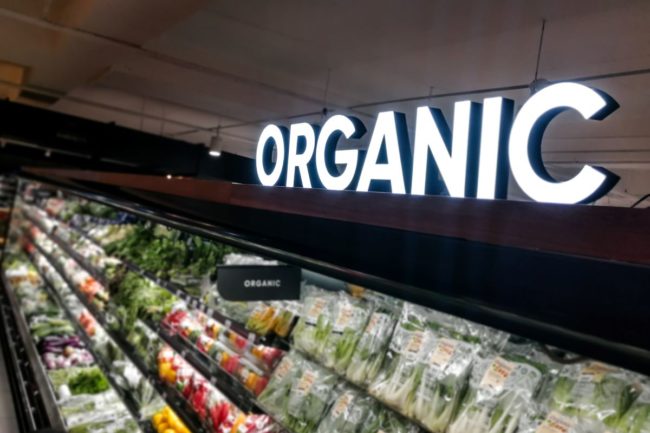 Organic sign over produce section