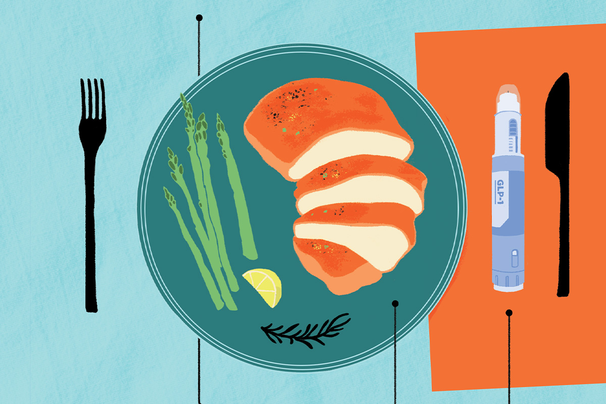GLP-1 illustration with meat on dinner plate