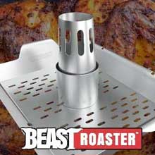 The Beast Roaster is a stainless steel vertical chicken roaster.