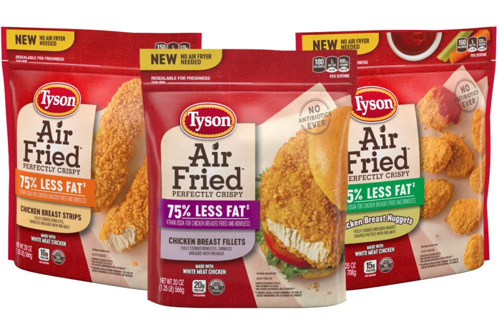 Tyson's new air fried chicken products are cooked using circulated hot air with a touch of oil to achieve a fried-like product and texture.